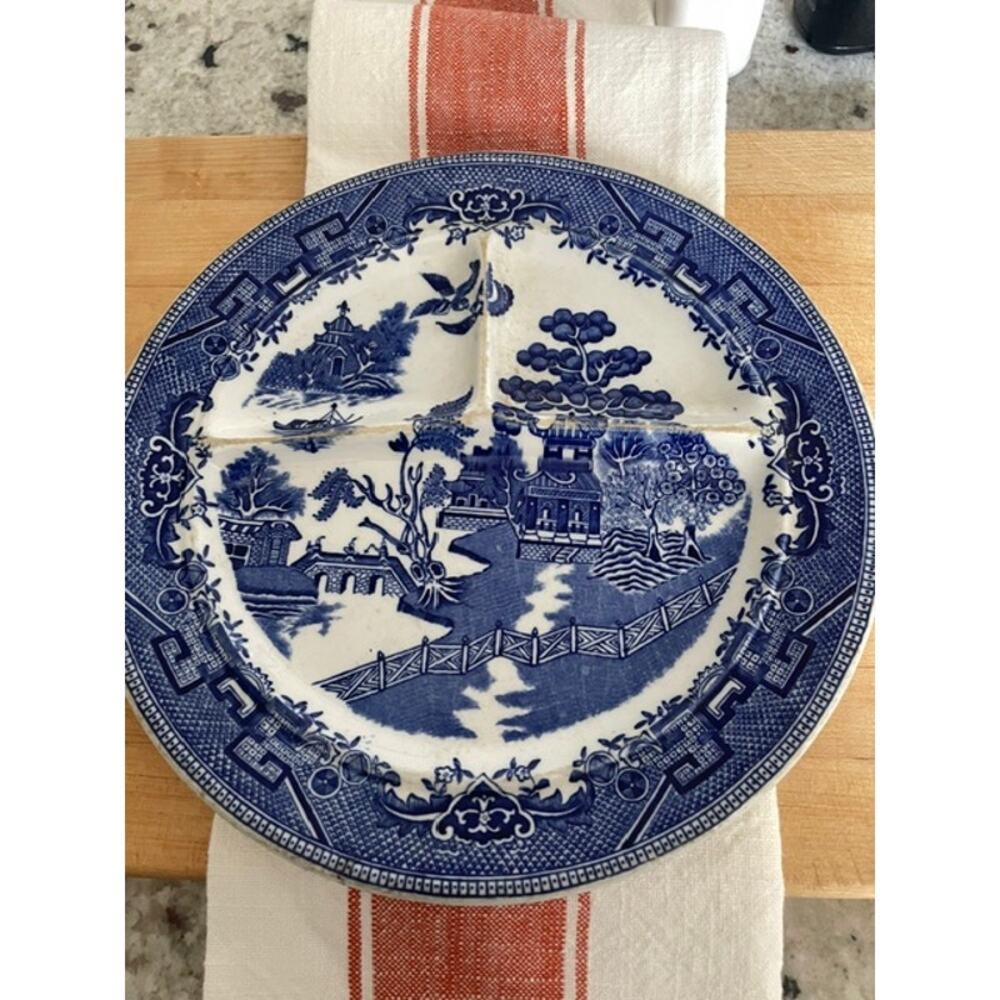 Ideal Blue Willow Style Divided Grill Plate USA 9.5" Vintage Relish Serving Dish
